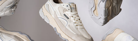 A close-up of a Floris van Bommel low-top sneaker in off-white and beige tones, with additional partial views of the same shoe floating around
