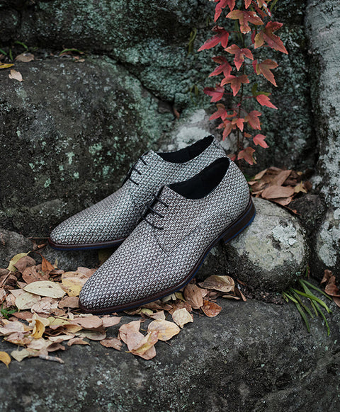 A pair of Floris van Bommel men's lace-up dress shoes with a textured silver and black geometric pattern, displayed on mossy rocks with scattered autumn leaves and red ivy.