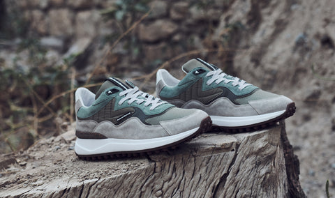 A pair of Floris van Bommel sneakers resting on a weathered tree stump with a blurred natural outdoor background.