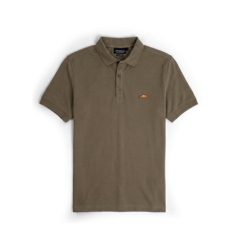 Floris van Bommel. A short-sleeve polo shirt in a muted olive-brown colour, featuring a three-button placket and a small embroidered logo on the left chest, displayed against a plain white background.