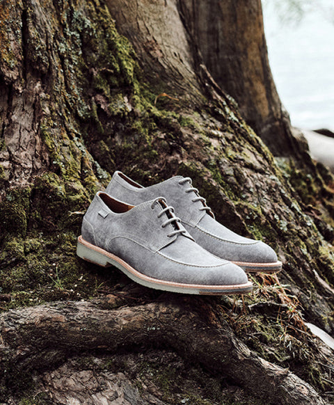 A pair of light gray Floris van Bommel suede derby shoes resting on a mossy tree root outdoors.